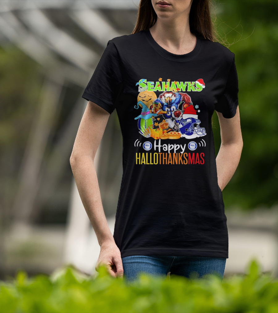 Seattle Seahawks Happy HalloThanksMas Holiday T-Shirt