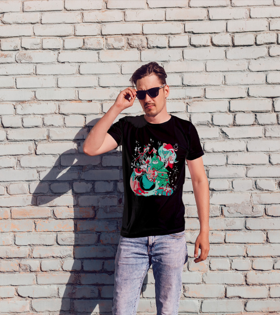Shark Robot Sinful Holiday Christmas Hazbin Hotel Festive Tree And Characters T-Shirt