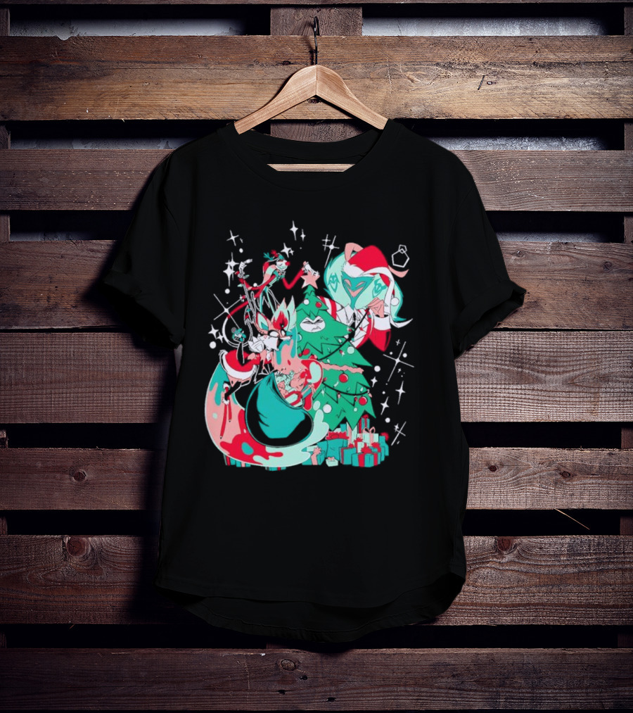 Shark Robot Sinful Holiday Christmas Hazbin Hotel Festive Tree And Characters T-Shirt