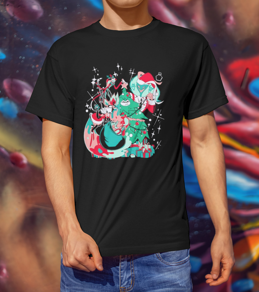 Shark Robot Sinful Holiday Christmas Hazbin Hotel Festive Tree And Characters T-Shirt