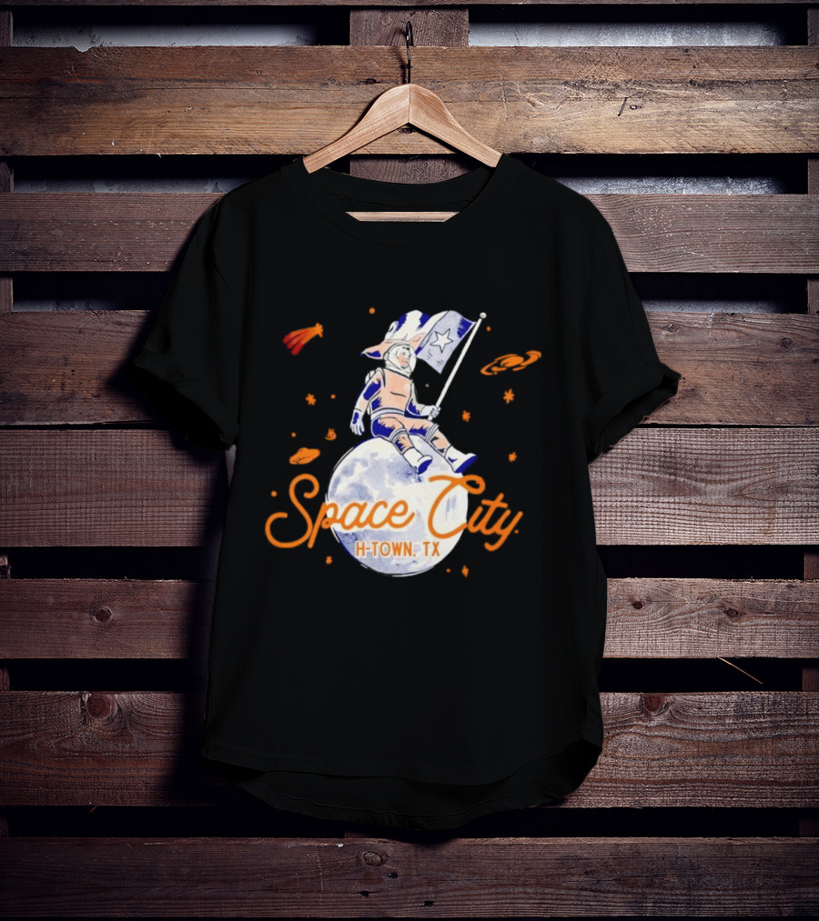 Space City H-Town TX Astronaut On Moon With Saturn And Stars T-Shirt