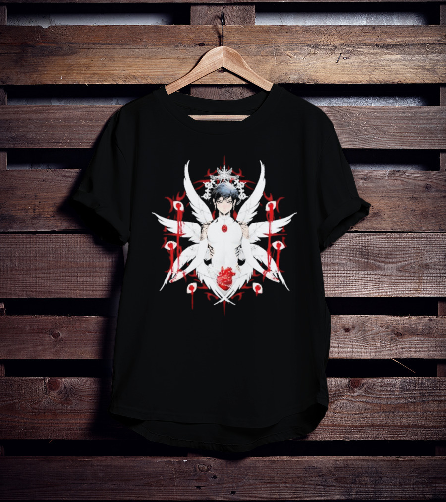 W6rst Maza Anime Angelic Figure With Wings And Red Accents T-Shirt