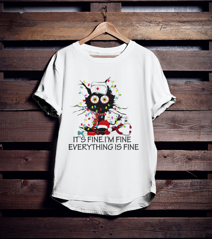 Black Cat Nurse It's Fine I'm Fine Everything Is Fine Christmas Lights Stethoscope T-Shirt
