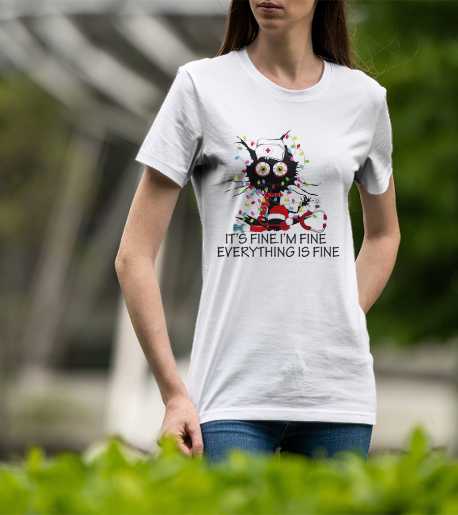 Black Cat Nurse It's Fine I'm Fine Everything Is Fine Christmas Lights Stethoscope T-Shirt