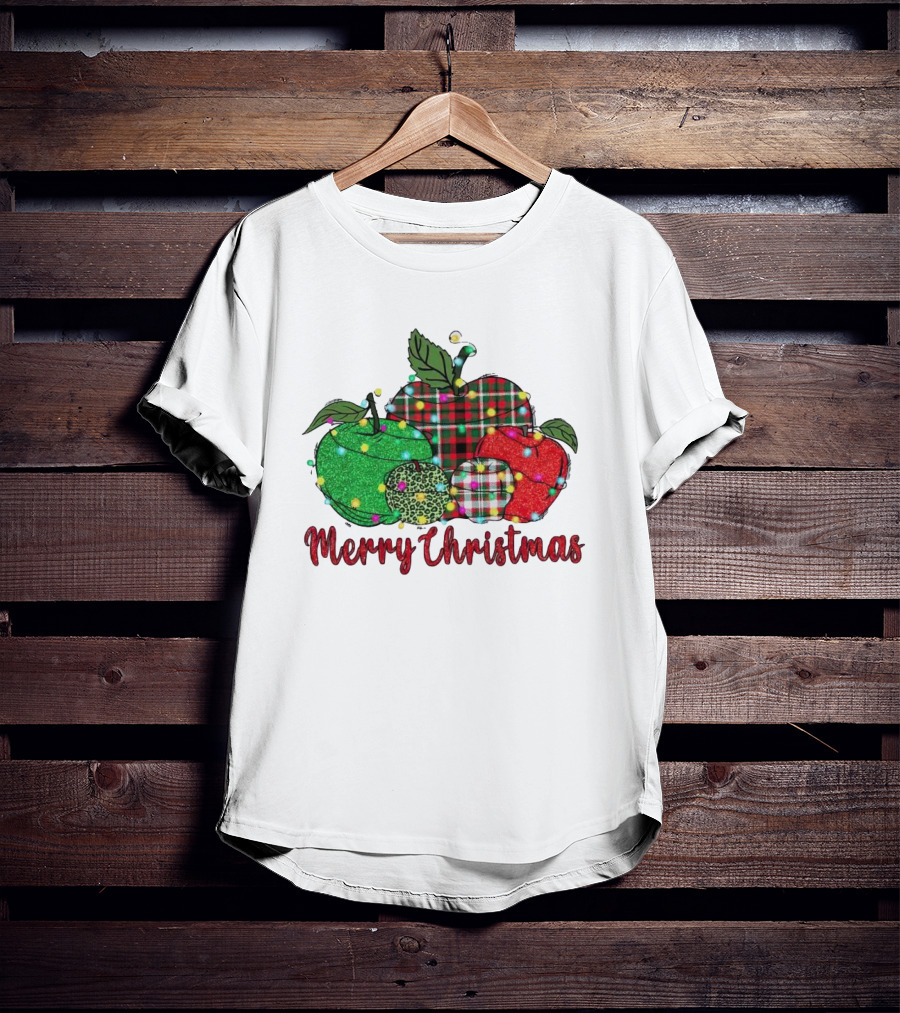 Merry Christmas Apples Plaid And Lights T-Shirt