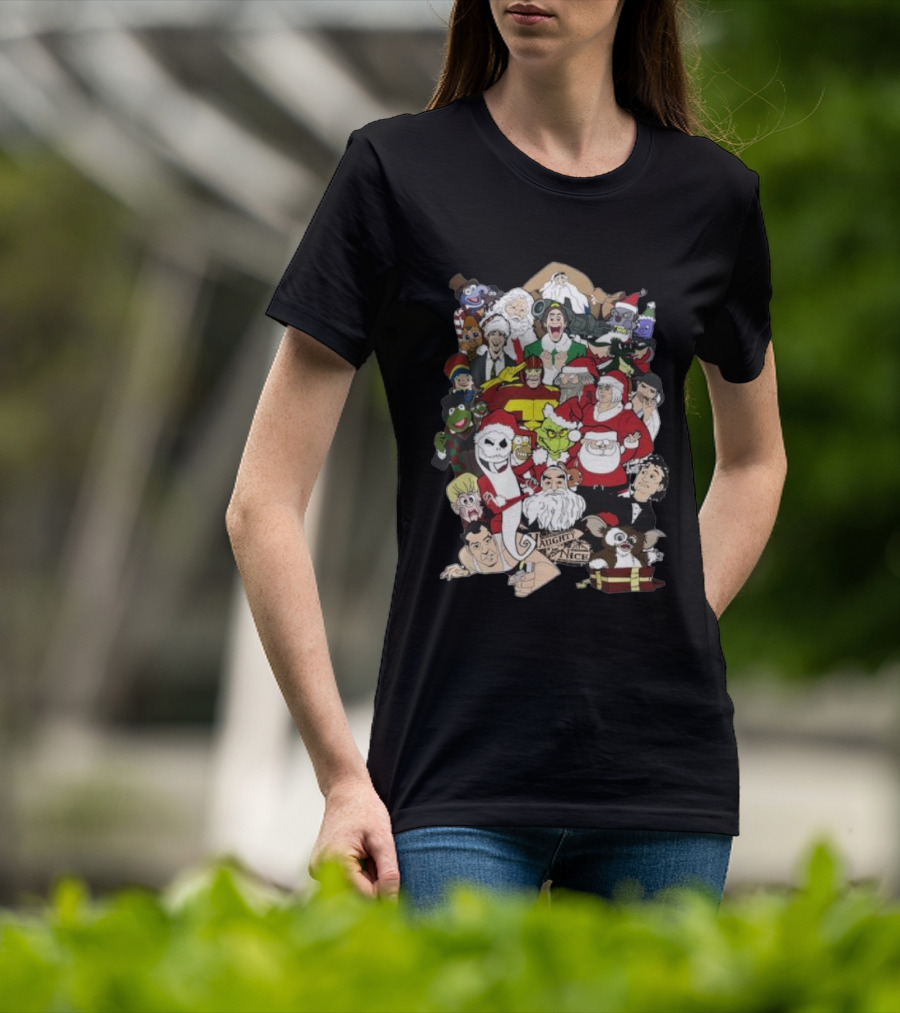 Naughty Or Nice Christmas Chaos Characters Featuring Santa Grinch Gizmo Jack Frost T-Shirt