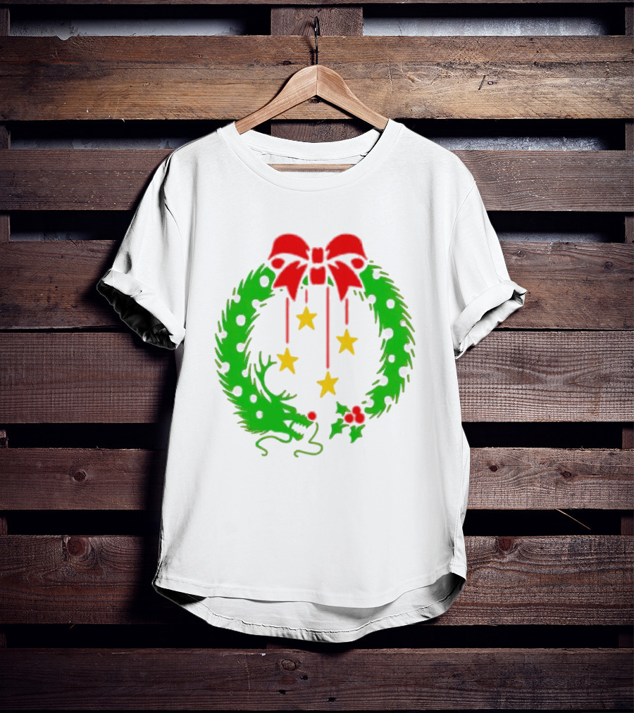 Christmas Wreath Dragon With Four Stars And Red Bow T-Shirt