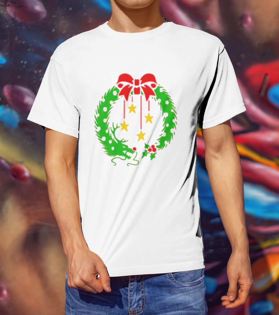 Christmas Wreath Dragon With Four Stars And Red Bow T-Shirt