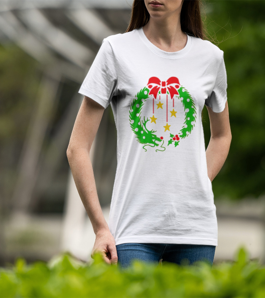Christmas Wreath Dragon With Four Stars And Red Bow T-Shirt