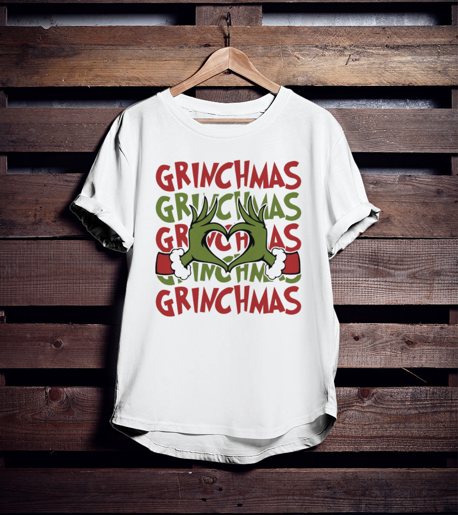 Grinch Hand Heart Love Grinchmas Repeating Text T-Shirt