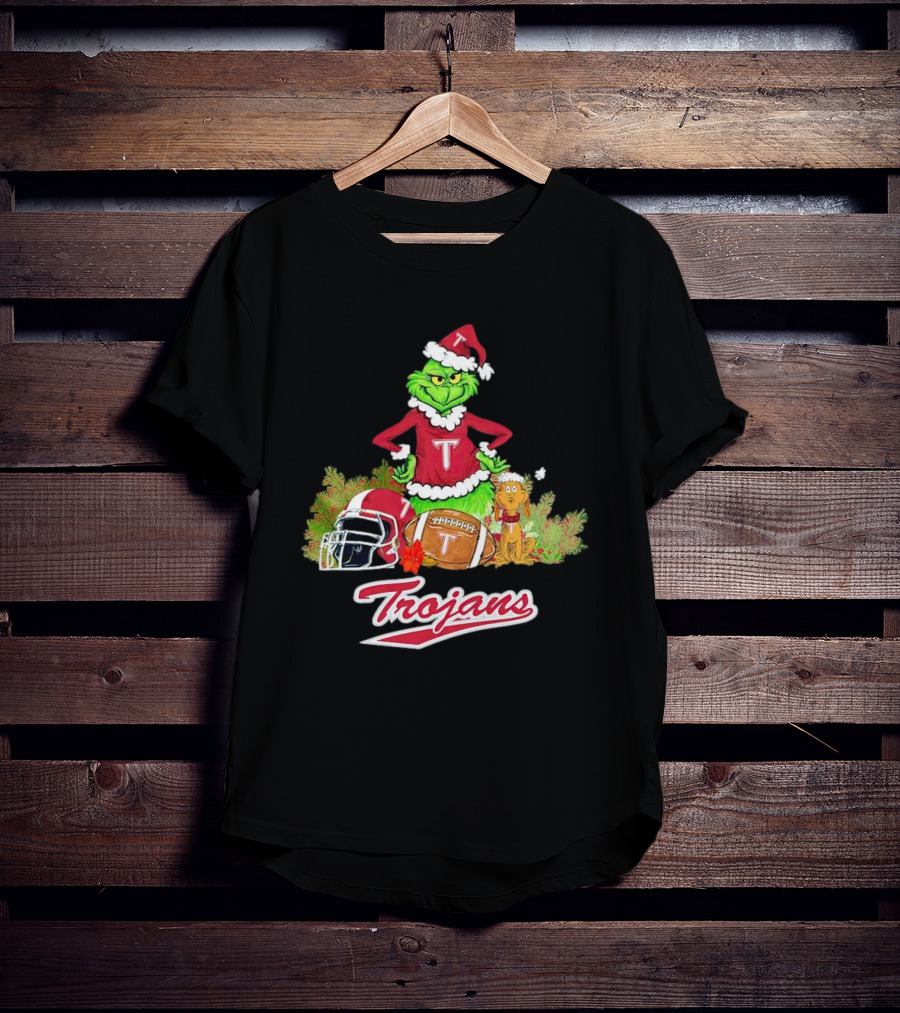 Grinch Troy Trojans Christmas Football Festive Scene T-Shirt