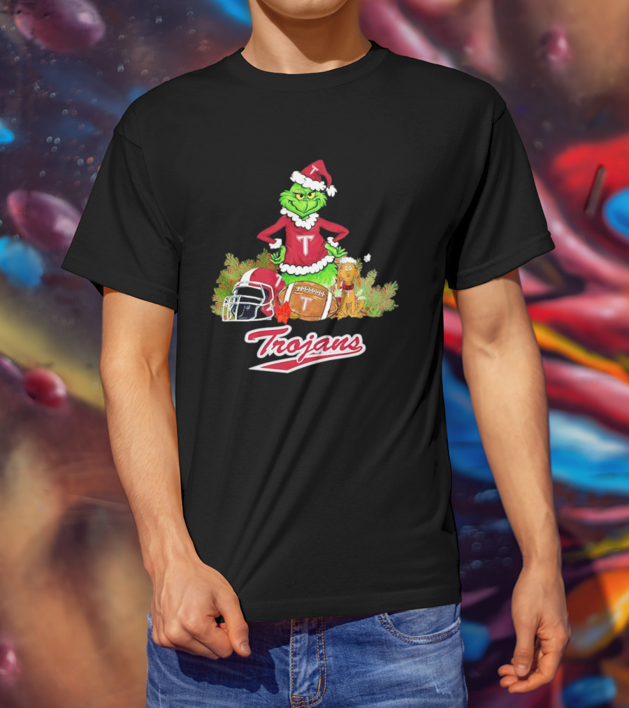 Grinch Troy Trojans Christmas Football Festive Scene T-Shirt