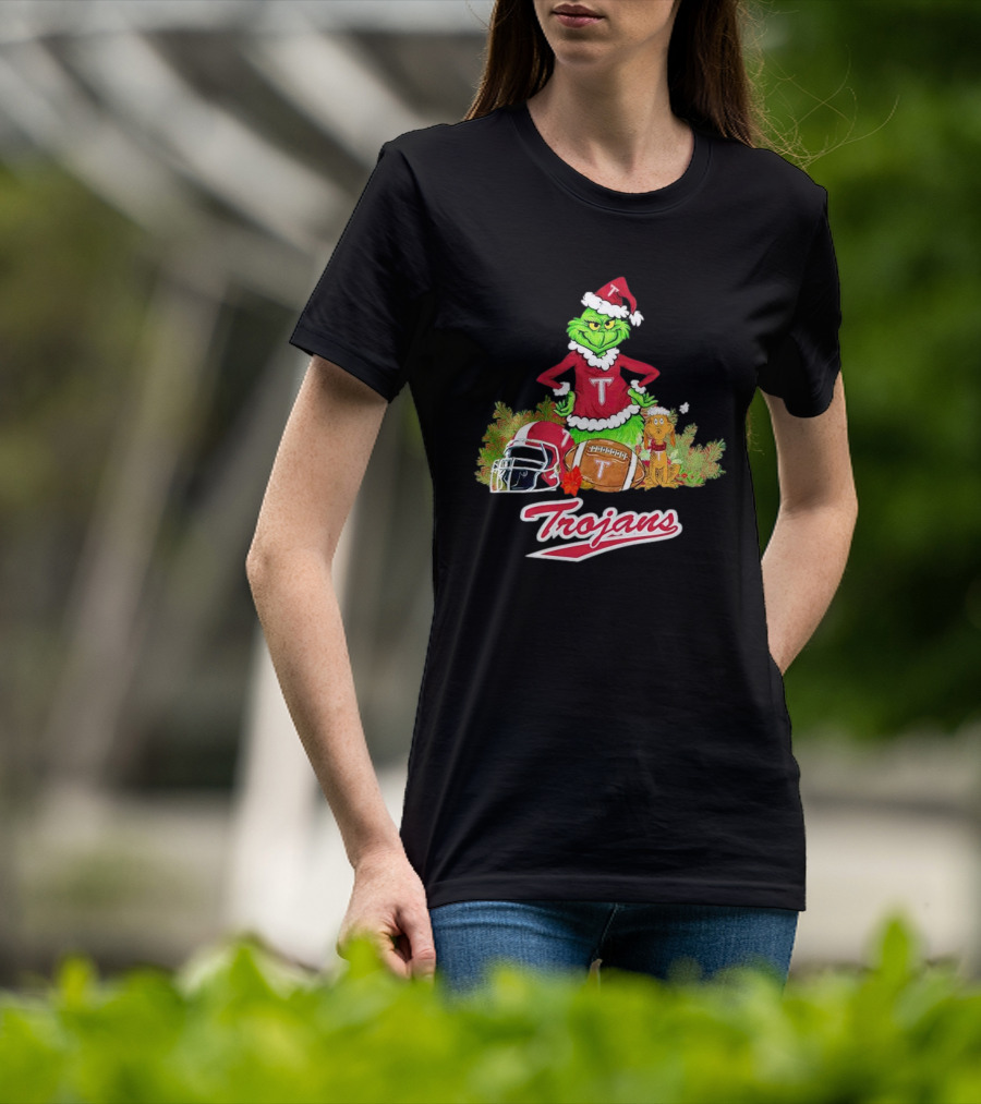 Grinch Troy Trojans Christmas Football Festive Scene T-Shirt