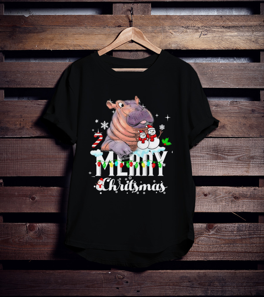 Hippo Merry Christmas Snowmen Candy Cane Lights T-Shirt