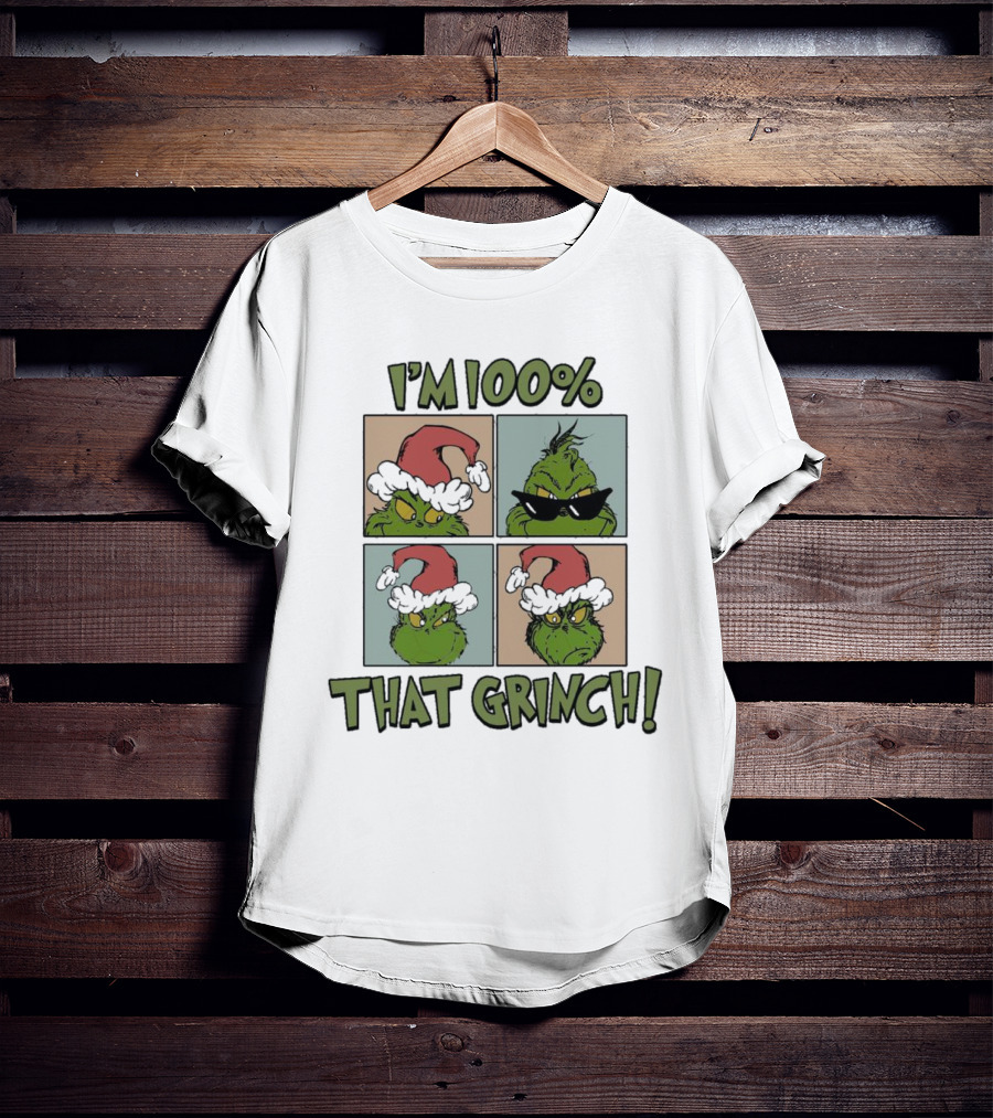 I'm 100% That Grinch Christmas Icon With Santa Hat And Sunglasses T-Shirt