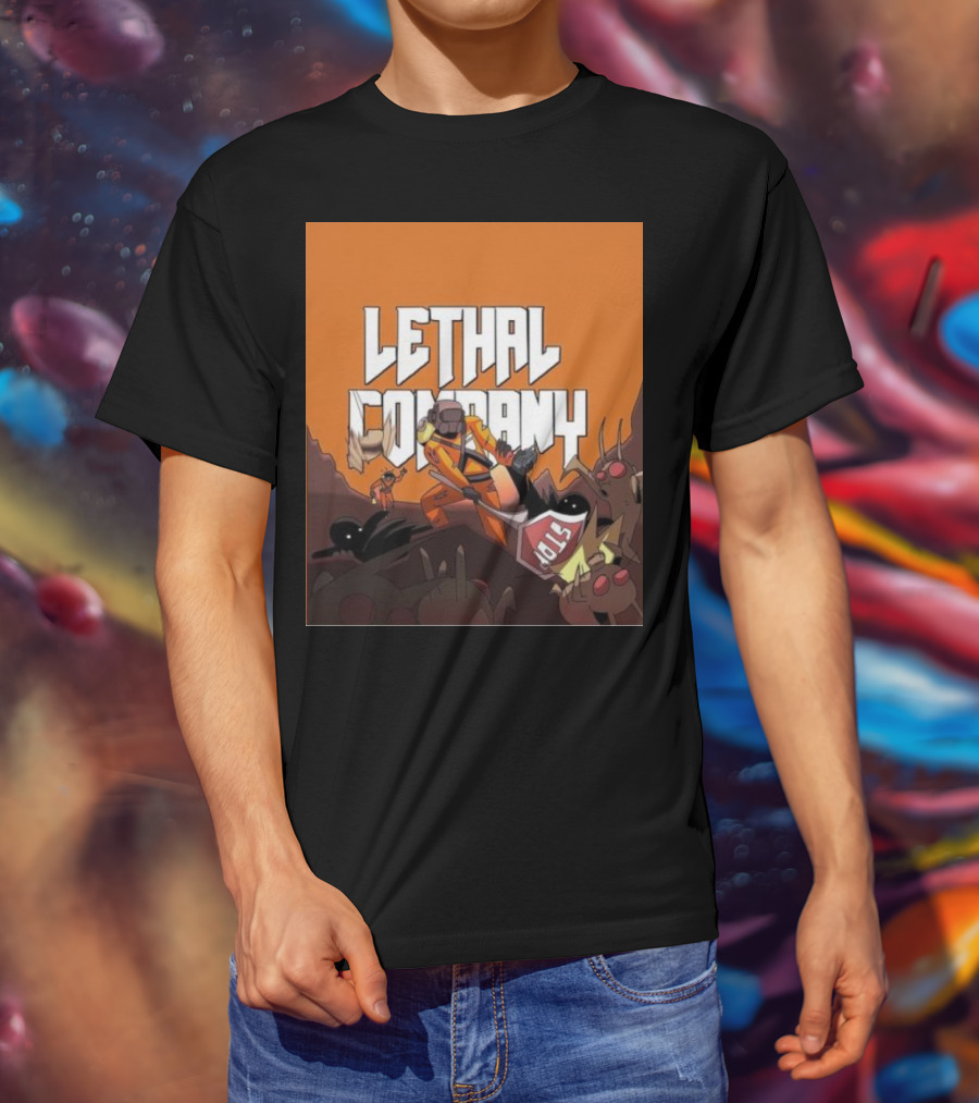 Lethal Company Stop Sign Creature Battle Scene T-Shirt