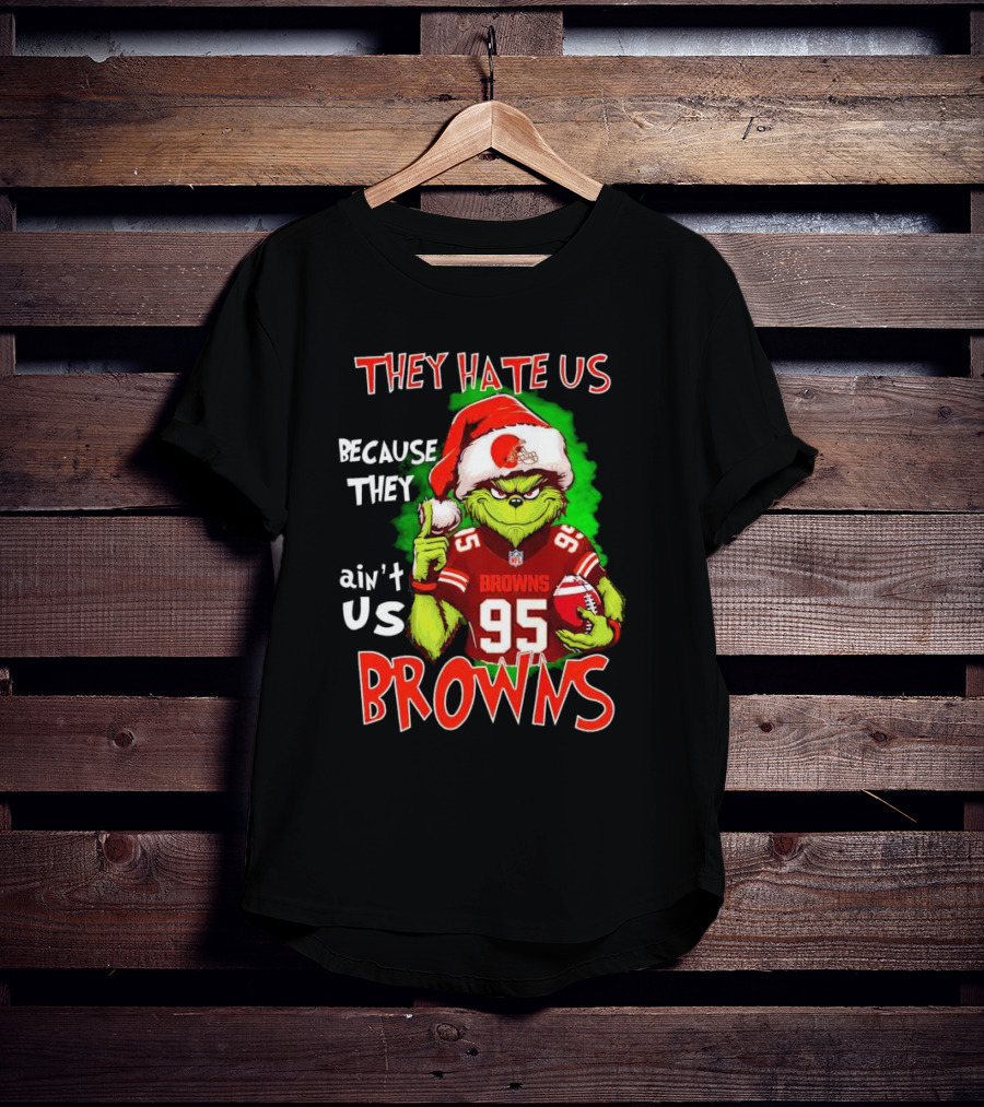 Myles Garrett Grinch They Hate Us Because They Ain't Us Browns NFL Football 95 Santa Hat T-Shirt