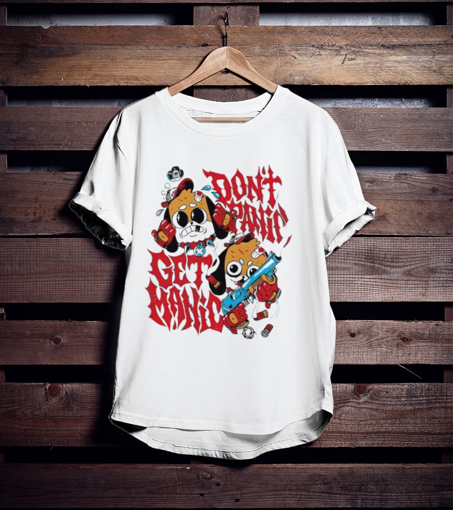 Don’t Panic Get Manic Cartoon Bears In Red And Black With Blue Gun T-Shirt