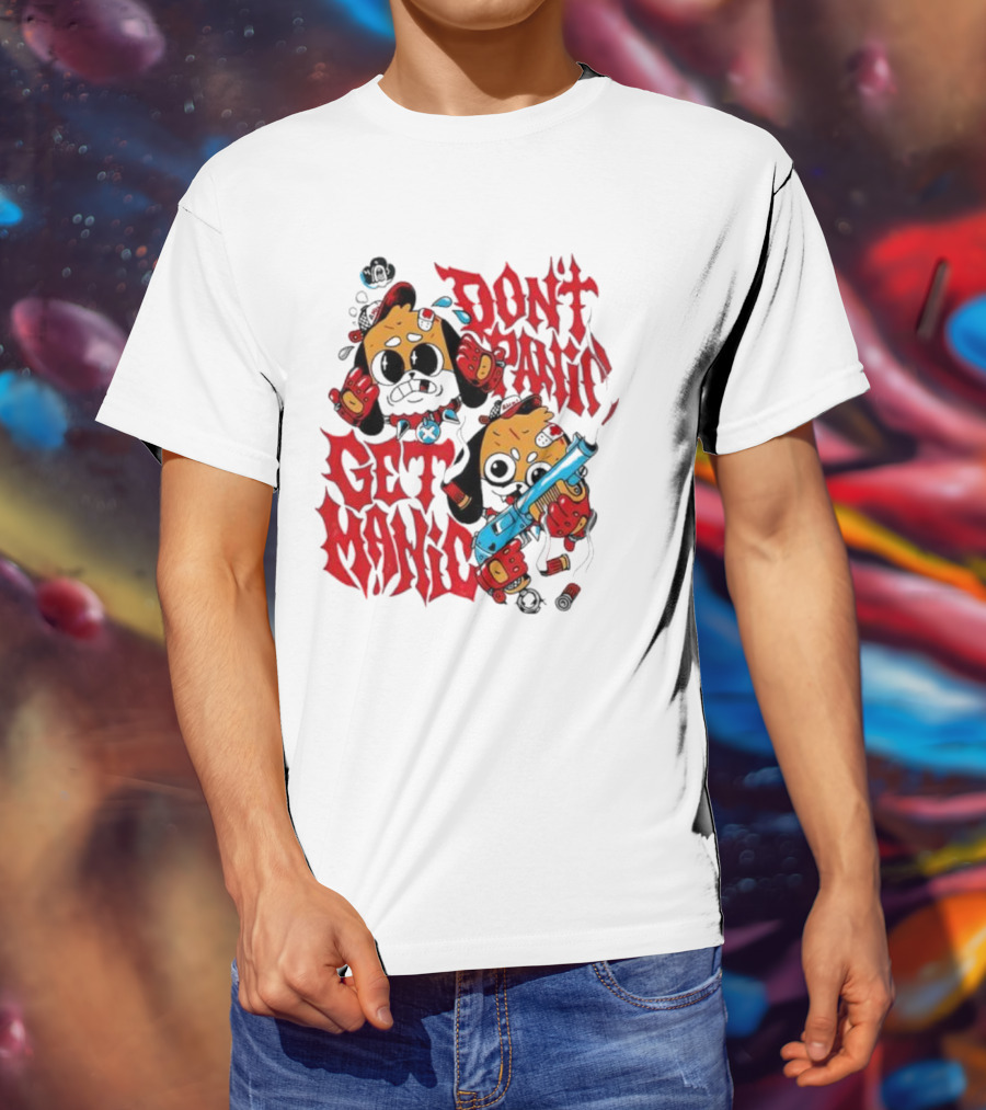 Don’t Panic Get Manic Cartoon Bears In Red And Black With Blue Gun T-Shirt