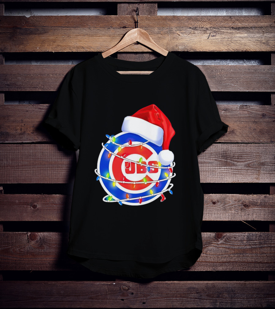 Chicago Cubs Festive Christmas Lights With Santa Hat T-Shirt