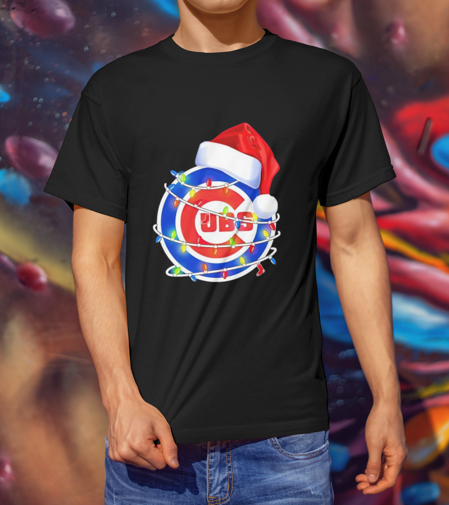 Chicago Cubs Festive Christmas Lights With Santa Hat T-Shirt
