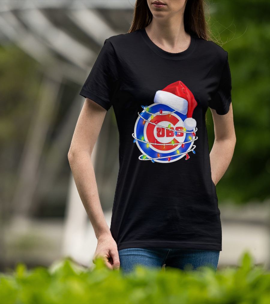 Chicago Cubs Festive Christmas Lights With Santa Hat T-Shirt