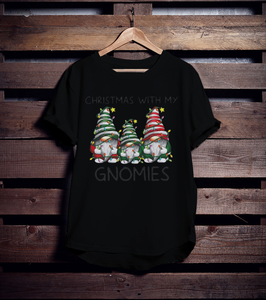 Christmas With My Gnomies Festive Holiday Lights Gnome Trio T-Shirt