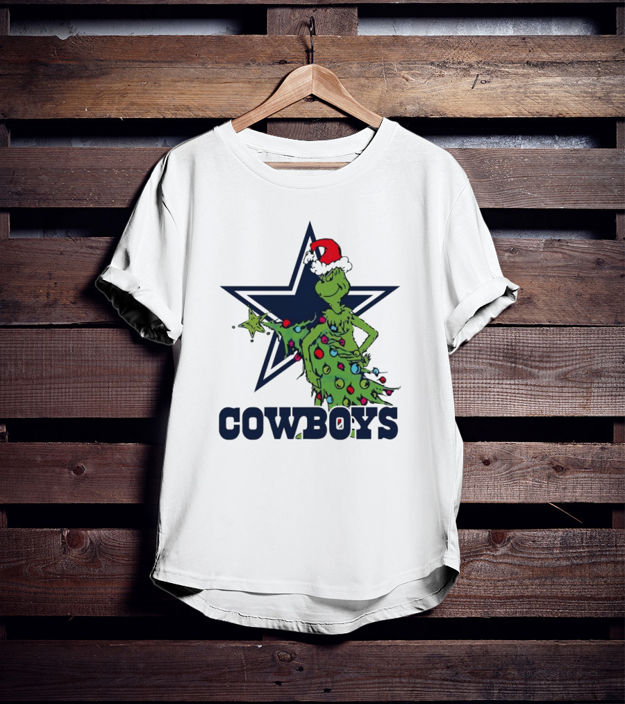 Dallas Cowboys Grinch In Santa Hat With Christmas Tree And Star T-Shirt