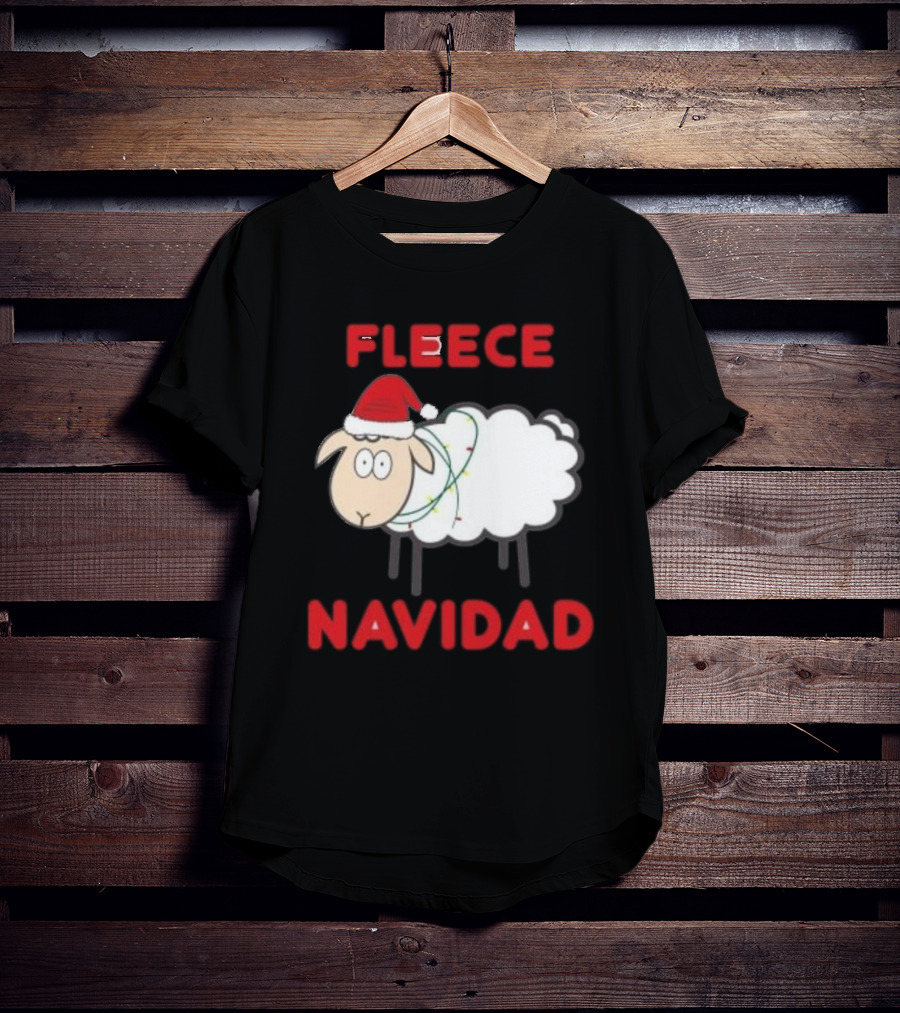 Fleece Navidad Christmas Sheep With Santa Hat And Festive Lights T-Shirt