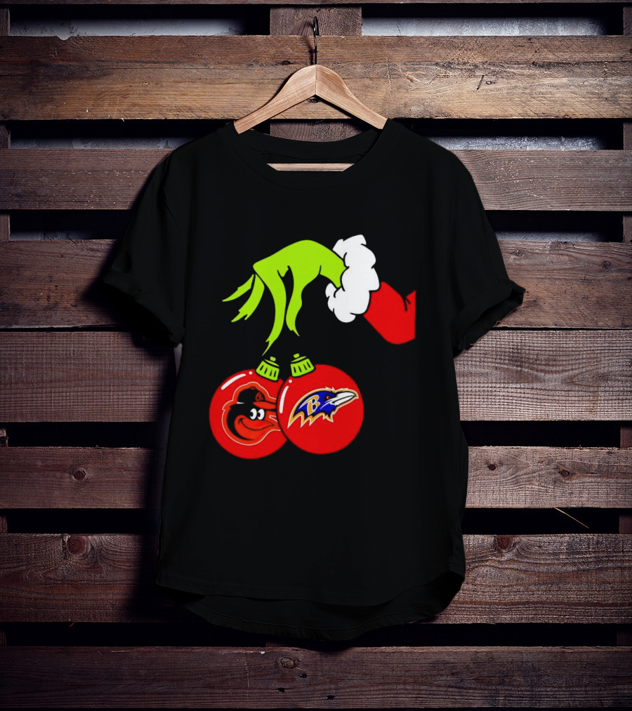Grinch Hand Holding Baltimore Ravens And Orioles Christmas Ornaments T-Shirt