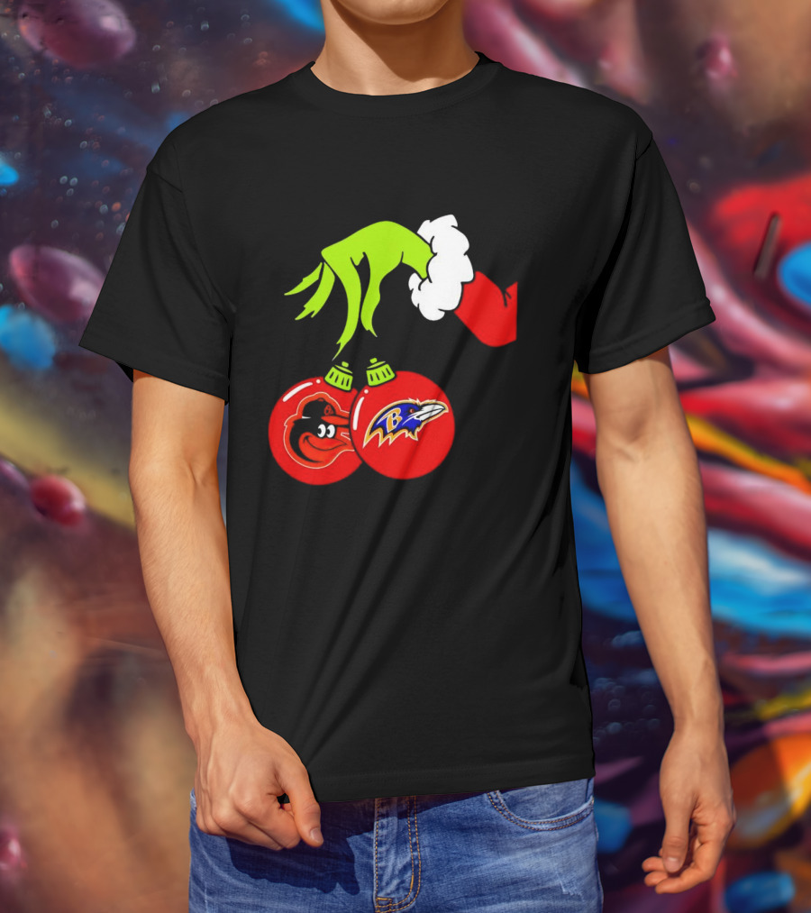 Grinch Hand Holding Baltimore Ravens And Orioles Christmas Ornaments T-Shirt