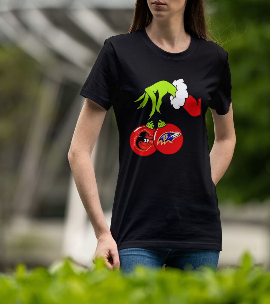 Grinch Hand Holding Baltimore Ravens And Orioles Christmas Ornaments T-Shirt