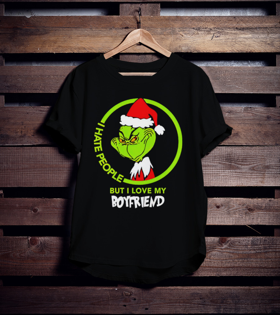 Grinch I Hate People But I Love My Boyfriend Christmas Santa Hat T-Shirt