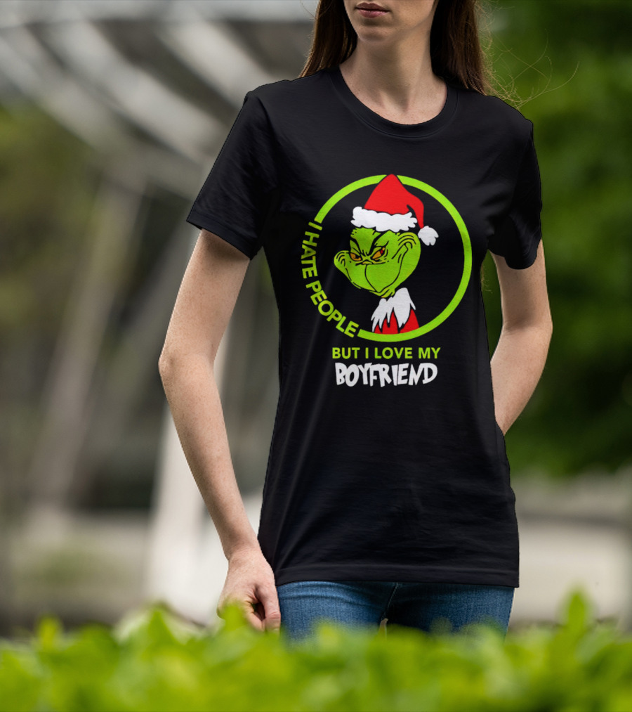 Grinch I Hate People But I Love My Boyfriend Christmas Santa Hat T-Shirt