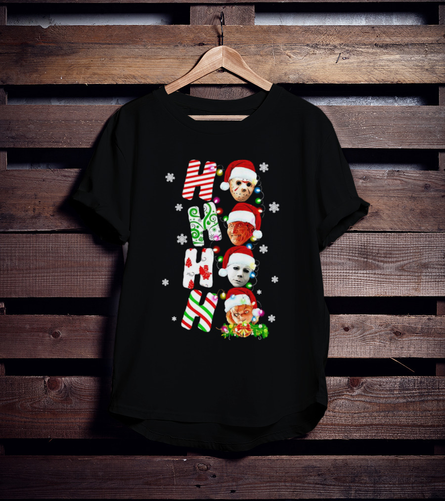 Ho Ho Ho Horror Movies Characters Christmas Snowflakes Santa Hats T-Shirt