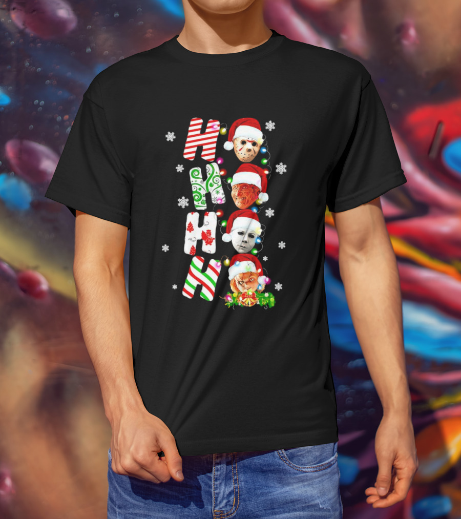 Ho Ho Ho Horror Movies Characters Christmas Snowflakes Santa Hats T-Shirt