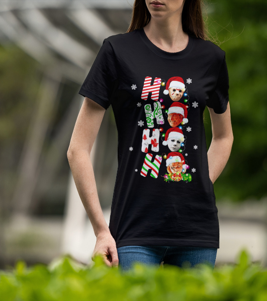 Ho Ho Ho Horror Movies Characters Christmas Snowflakes Santa Hats T-Shirt
