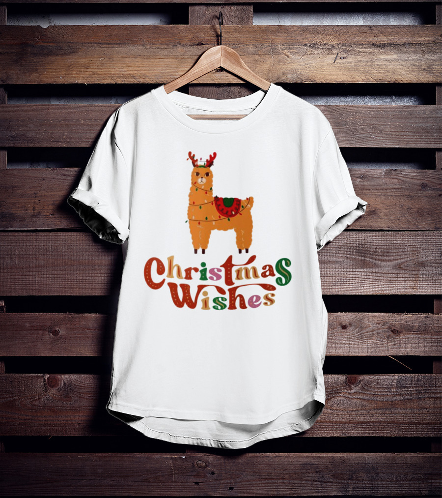 Christmas Wishes Llama Reindeer With Lights T-Shirt