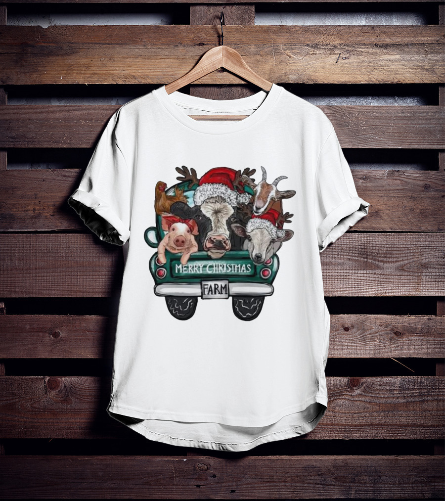 Merry Christmas Farm Animals In Holiday Truck T-Shirt
