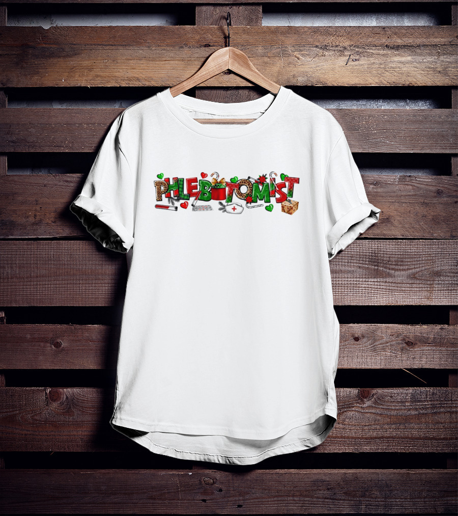 Phlebotomist Nurse Christmas Holiday Festive Leopard Print Decor T-Shirt