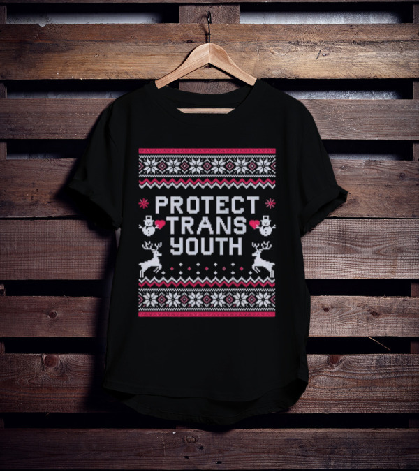 PROTECT TRANS YOUTH Snowflakes Reindeer Hearts Snowmen T-Shirt