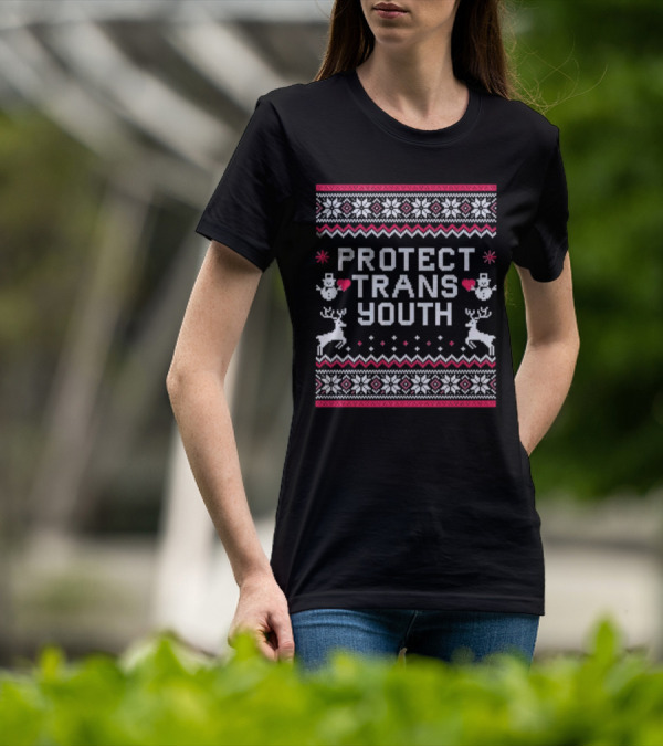 PROTECT TRANS YOUTH Snowflakes Reindeer Hearts Snowmen T-Shirt