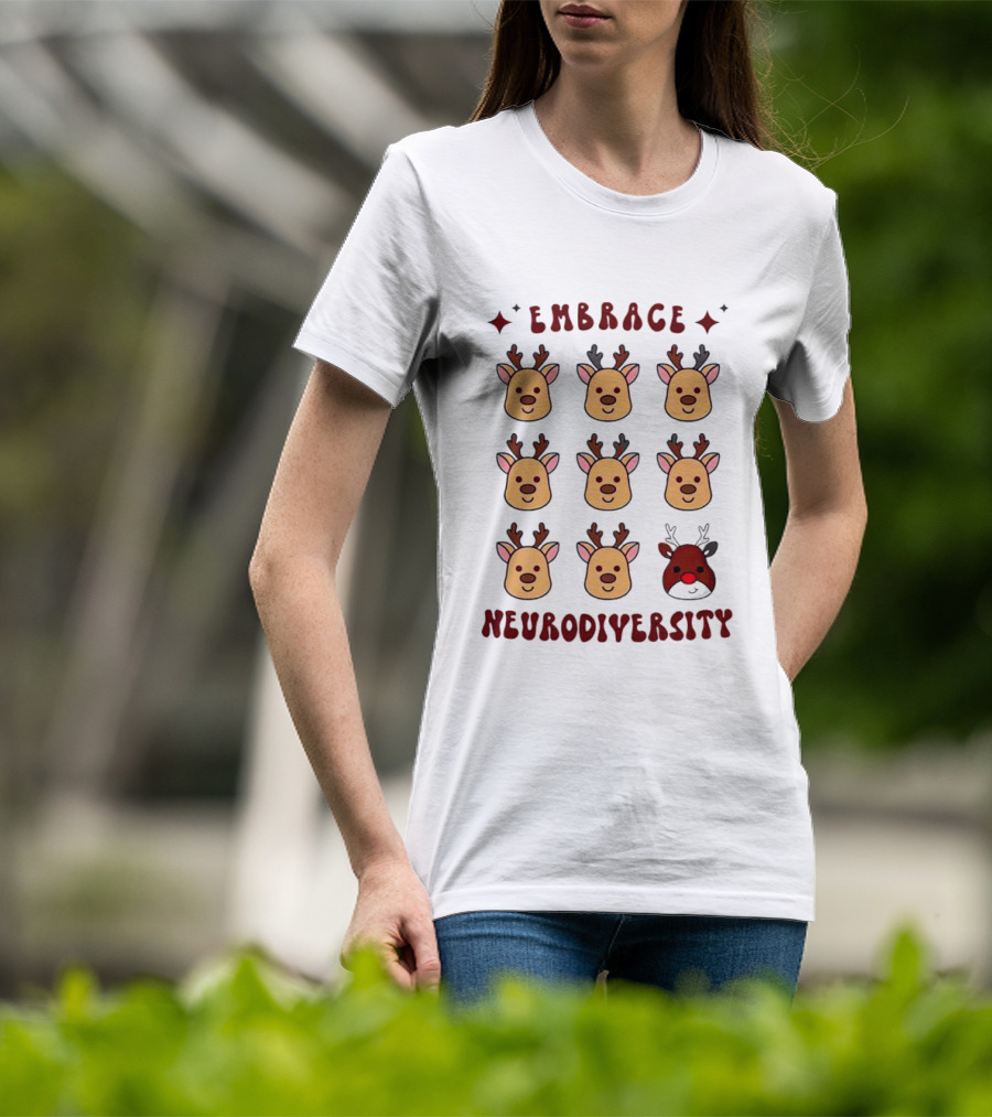 Embrace Neurodiversity Reindeer Faces Red Nose T-Shirt