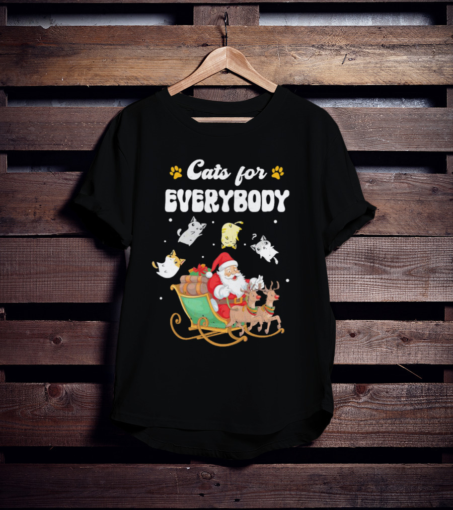Santa With Flying Cats And Reindeer Sleigh For Everybody Christmas T-Shirt
