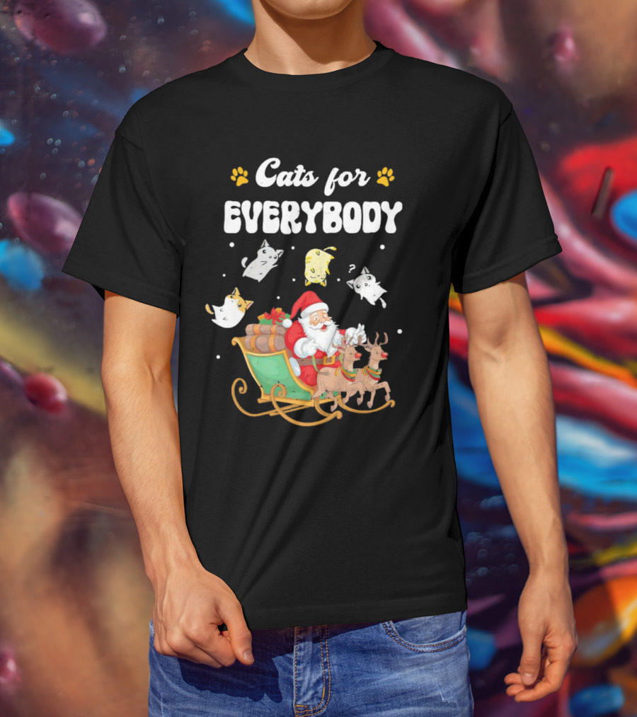 Santa With Flying Cats And Reindeer Sleigh For Everybody Christmas T-Shirt