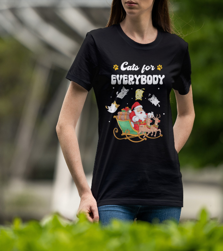 Santa With Flying Cats And Reindeer Sleigh For Everybody Christmas T-Shirt