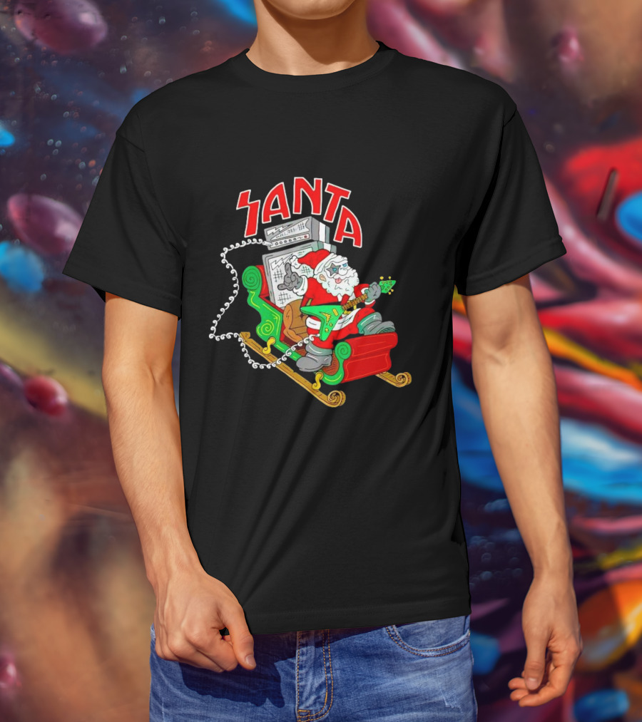 Santa Rocks Sleigh With Guitar And Amps Christmas T-Shirt