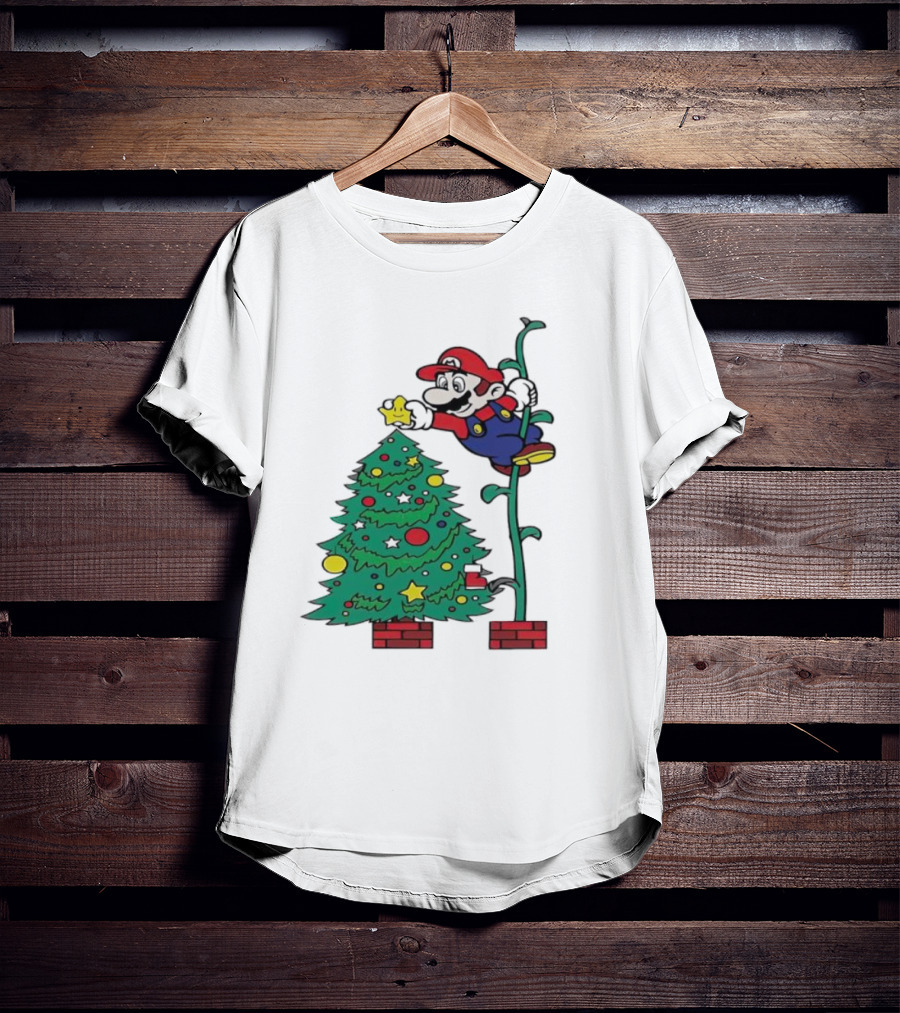 Super Mario Decorating Christmas Tree With Power-Up Star And Brick Blocks T-Shirt
