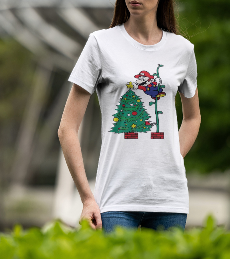Super Mario Decorating Christmas Tree With Power-Up Star And Brick Blocks T-Shirt