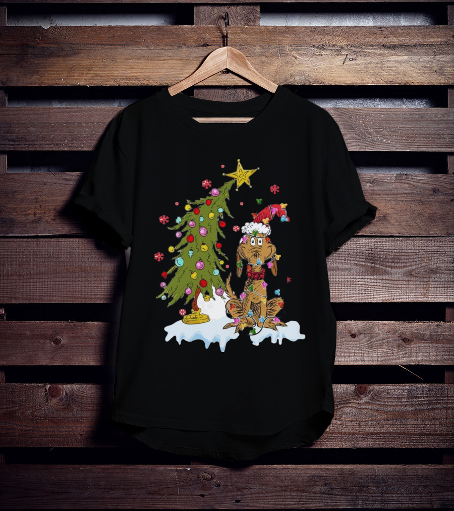 Christmas Max Dog Wrapped In Lights With Grinch Tree Scene T-Shirt